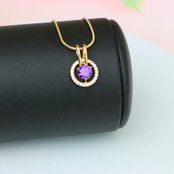 "Radiant Purple Halo Pendant in Gold Plated Brass with Crystal Ring, XPPT1711 - Picture 6 of 13